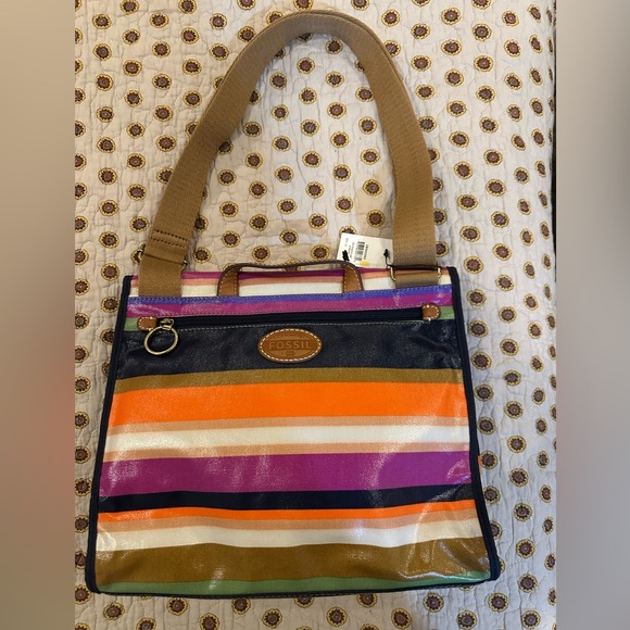 Fossil Keyper Flap Stripe Coated Canvas w/ Leather Trim Crossbody Messenger NWT - Picture 2 of 9